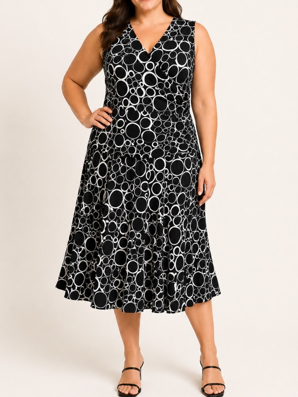 Talbots Petites Black White Circle Print Faux Wrap Dress 14